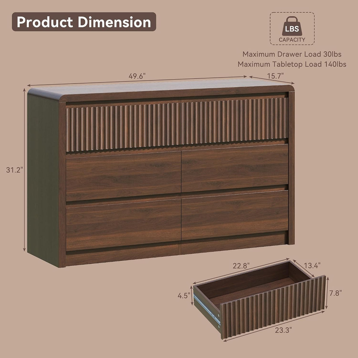Fluted 6 Drawer Dresser for Bedroom, 50” Wide Dresser & Chest of Drawers with Curved Profile Design, Wood Mid Century Dressers for Bedroom, Living Room, Walnut