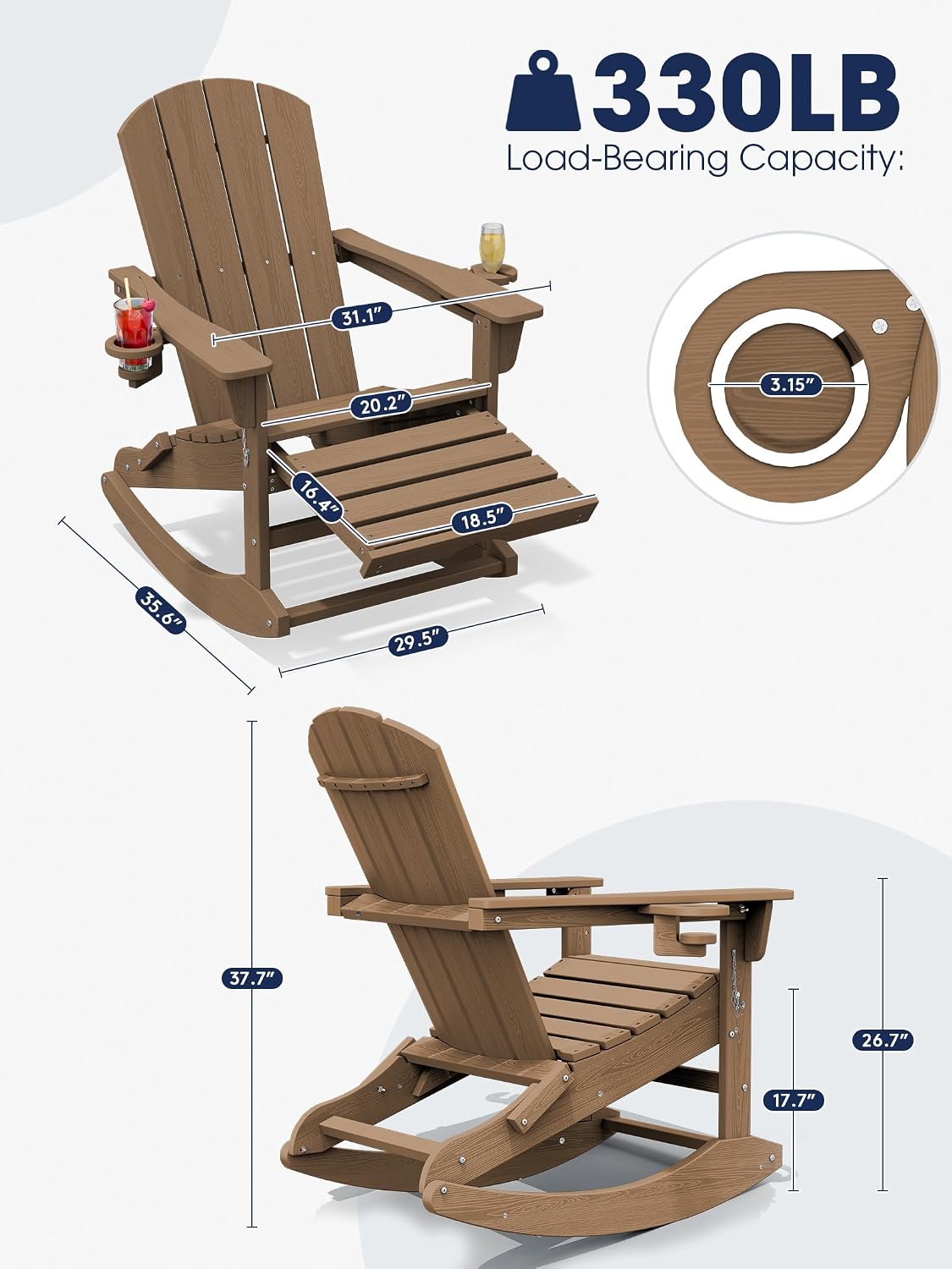 KINGYES HDPE Adirondack Rocking Chair with Footrest and Cup Holders