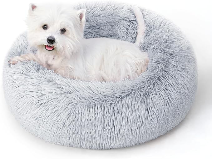 Medium Calming Dog Bed & Cat Bed with Anti-Slip Bottom, Medium Size Washable Anti-Anxiety Donut Dog Beds for Medium & Large Dogs, Fluffy Plush Cozy Round Dog Bed(30 Inch, Light Grey)