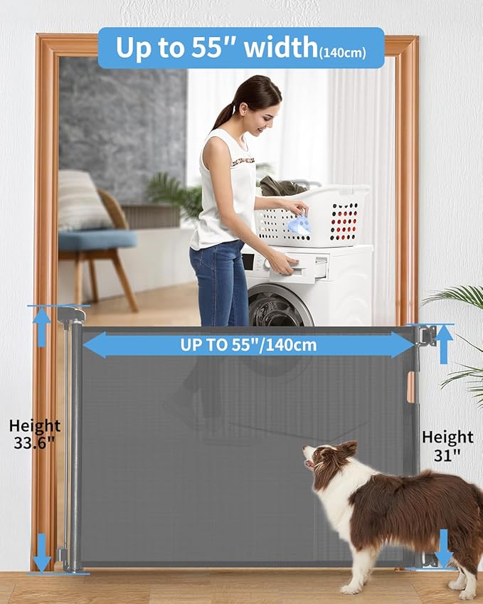 (2 Pack) Retractable Baby Gate for Doorways and Stairs, Mesh Safety Gate for Pet, Indoor & Outdoor Use, One-Hand Operation, Easy Installation, 33.6" Tall, Expands to 55" Wide（Grey,33.6"x55"