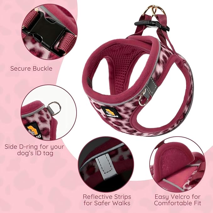 BELLA & PAL Step in Vest Harness for Small and Medium Dogs, No Pull Small Dog Harness with Leash Set, Comfortable Air Mesh Dog Vest Harness with Reflective Strip (Pink Leopard, XS)