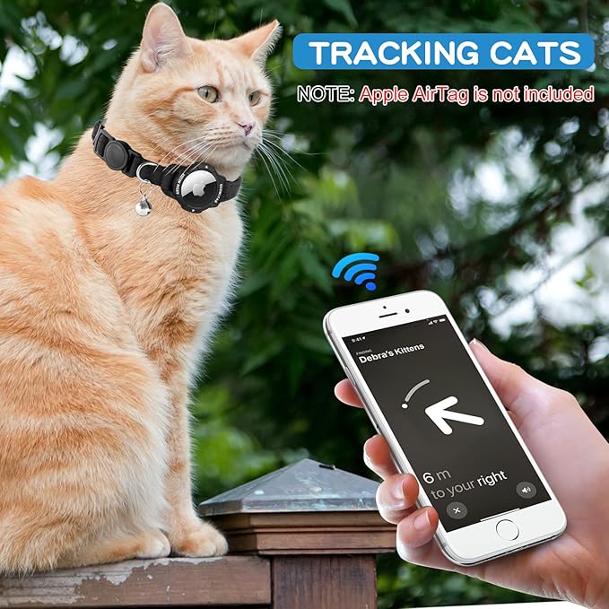 Luminous AirTag Cat Collar Breakaway, OUCWLTAG GPS Cat Collar with Apple Air Tag Holder, Cat Tracker Collars with Safety Elastic Band for Girl Boy Cats, Kittens and Puppies (Black, 9-13 Inch)