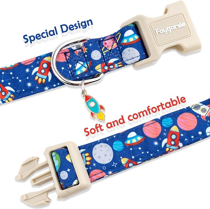 Faygarsle Space Theme Dog Collar, Navy Blue with Rockets and Planets Pattern for Summer Small Medium Large Dogs S