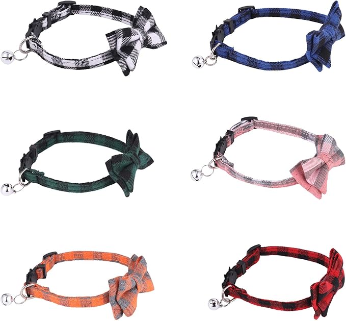 DragonflyDreams 6 PCS Cat Collars with Bow Tie and Bell,Cat Collars Plaid,Breakaway Adjustable Cat Bow Tie Collars,Cute Bow Tie Suitable for Kittens Or Certain Puppies