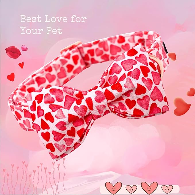 Lionheart glory Dog Bow Collar Valentine's Day Dog Collars Adjustable Soft Red Hearts Dogs Collar with Bowtie for X-Small Dogs Puppy Female Male Spring Holiday Pet Collars Bows