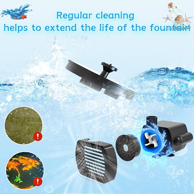 AMZtime Solar Fountain, 2025 Upgraded Solar Water Fountains with 6 Nozzles, Free Standing Floating Solar Powered Water Fountain Pump for Bird Bath, Garden, Pool, Pond and Outdoor