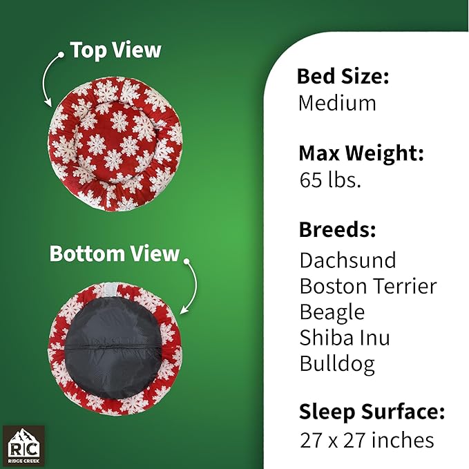 Round Couch Dog Bed for Pets (Snowflake Christmas Edition) Shredded Memory Foam Fill Base with Supportive Rounded Bolsters – Holiday Red/White (30 x 30 inch - Medium)
