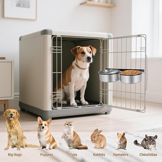 Dog Crate Water Bowls No Spill, 40oz Stainless Steel Dog Food and Water Bowl Set for Large/Medium/Small Pets, Detachable Hanging Pets Bowls for Cage, Kennel, Crate,Convenient for Adding Food and Water