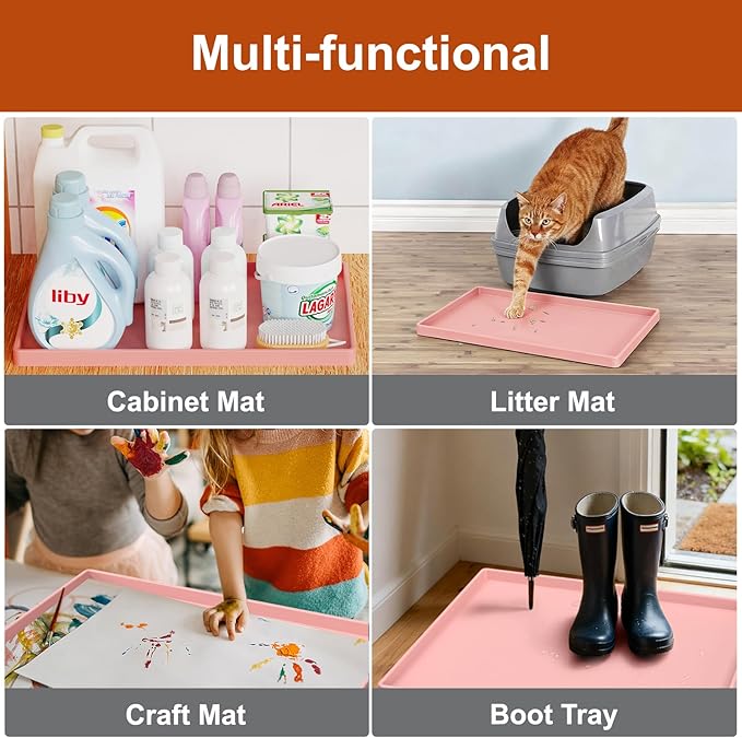 Extra Thick Silicone Mat Waterproof with Raised Edge 19” x 12”, BPA Free Non-Slip Dog & Cat Food Mat, Feeding Mat for Food and Water Bowls, Spill Proof Mat to Protect Floors, Pink