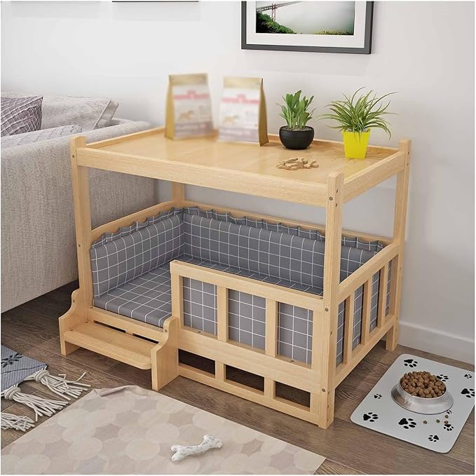 XPLKQXE Dog Bed Wood Platform, Elevated Pet Cushion Bed, Animal Couch with Mattress, Dog Beds & Furniture Rest Cot, Portable Fence Bed Pet Up to 45kg/100lbs(Color:Gray,Size:90x55x70cm)