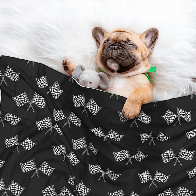 Double Sided Plush Pet Blanket for Small Large Animals, Checkered Racing Flag Black and White, Reversible Throw with Dimpled Dot Side and Flat Side for Kennels Living Rooms