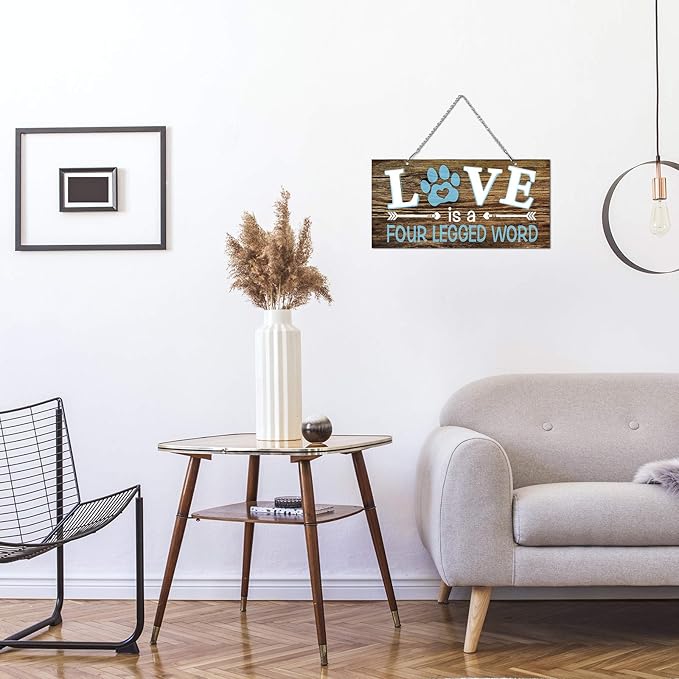 Dog Wall Decor Room Love Is a Four Legged Word Pet Paw Sign Dog Vintage Metal Hanging Decorative Signs Plaque Wall Decorative for Christmas Pet Lover Gifts Thanksgiving(12 x 6 Inch)