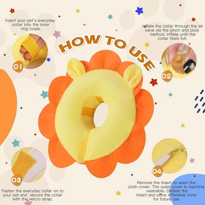 IEUUMLER Inflatable Recovery Dog Collar, Protective Donut Cone, Adjustable Soft Collar for Dog and Cat After Surgery Prevent from Biting & Scratching EU002 - Orange Lion M+