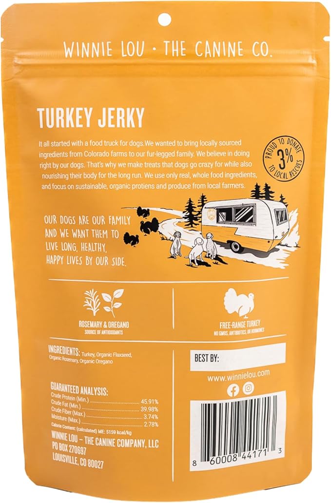 Winnie Lou Turkey Jerky Dog Treats - Limited Ingredient, Human Grade, Training Treats for Small, Medium & Large Dogs, USA Made, High Protein, Chews, Hypoallergenic, Sensative Stomach (1 Pack)
