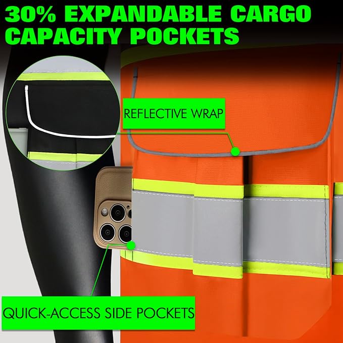 BeautyWill 5Pack Custom Logo Safety Vest 8 Pockets Class2 ANSI Certified High Visibility Reflective Vest for Men - Personalized Logo Heavy-Duty Work Vest（Orange，S）