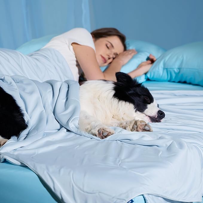 Bedsure Cooling Blanket for Bed with Breathable Air-Core Fill Q-MAX>0.4 - Lightweight Pet Cat Throw Cold Blanket Washable for Summer，Soft Dog Cooling Mat for Couch, Arctic Blue, 60x80