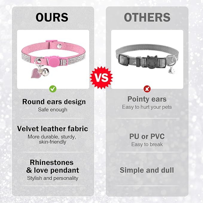 Rhinestone Cat Collar Breakaway with Bell, Diamond Cat Collar with Safety Buckle Quick Release for Girl Boy Small Kitten Pets Puppy,Cute Soft Female Male Cat Collars,Color Pink & Purple 8-12"