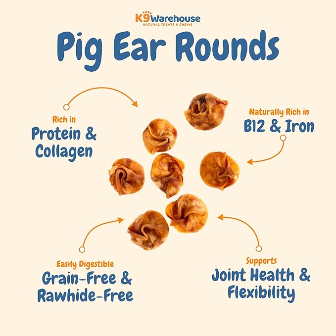 K9warehouse Premium Natural Pig Ears Rounds Packed in USA - 50 Count Pig Ears for Dogs Large - Tasty Pigs Ear Dog Treats - Bulk Pig Ears for Large/Small Dogs - Ideal Dog Pigs Ears Made for Training
