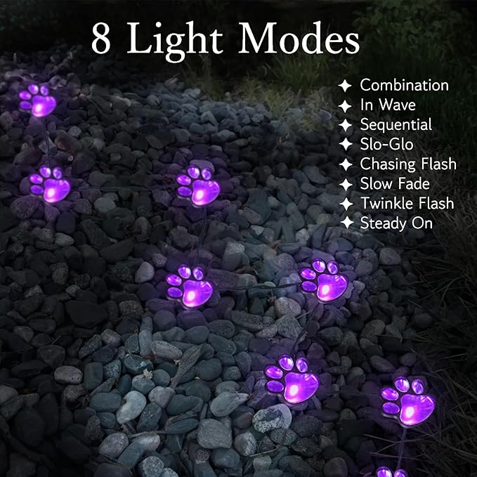 Paw Print Solar Lights - Outdoor Garden Decoration Waterproof, Cat Dog Animal Outdoor Garden (Set of 4), Grave Memorial Gifts, Gifts for Cat Dog Lovers (Purple Lights)