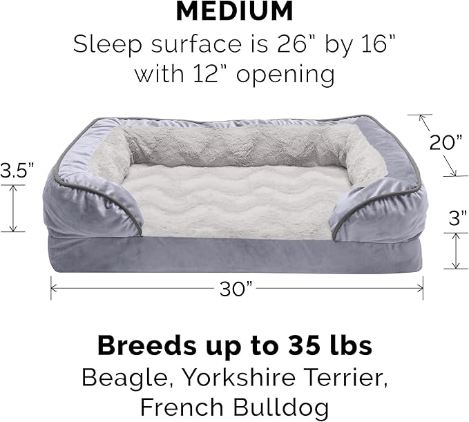 Furhaven Memory Foam Dog Bed for Medium/Small Dogs w/ Removable Bolsters & Washable Cover, For Dogs Up to 35 lbs - Plush & Velvet Waves Perfect Comfort Sofa - Granite Gray, Medium