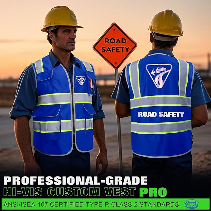 BeautyWill Custom Logo Safety Vest 8 Pockets Class2 ANSI Certified High Visibility Reflective Vest for Men - Personalized Logo Heavy-Duty Work Vest（Blue，XXL）