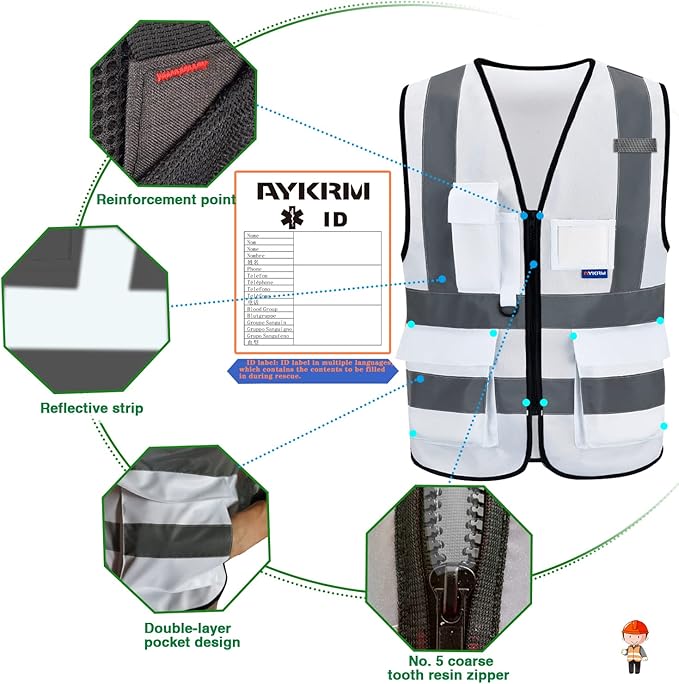 A-SAFETY 6XL-8XL,Hi Reflective Safety Vest,Hi Vis Bright Neon Colors Safety Vest with 4 Reflective Strips 7 Pockets(White)