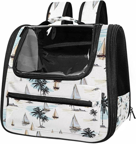 Coconut Palm Trees Sailboat Summer Beach Pet Travel Carrier Soft Sided Portable Bag for Cats, Small Dogs, Kittens or Puppies