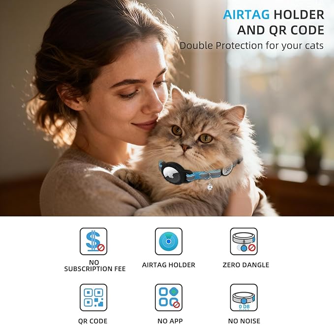 Airtag Cat Collar Breakaway with QR Code Name Tag, Reflective cat Collar airtag Holder with Bell, Cat ID Tag Personalized, Ultra-Durable, Adjustable, Quick Release, Fits Small Large Cats, Blue