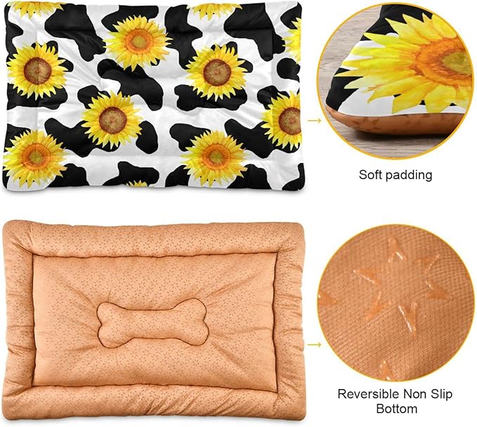 Pet Bed Milk Cow Print Sunflower Dog Bed Mat Absorbing Non Slip Pad Pet Sleeping Mat for Small, Medium, and Large Dogs Puppy Cat 36 in x 24 in