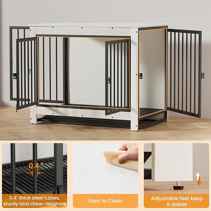 Dog Crate Furniture, 38 Inch Indoor Dog Kennel for Medium Dogs Up to 50 LBS, Heavy Duty Wooden Pet Cage End Table with 3 Doors, Alloy Steel Frame & Removable Tray