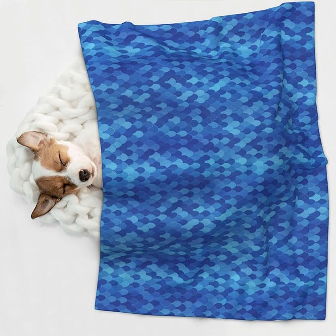 Double Sided Plush Pet Blanket with Cozy Dot Texture and Smooth Reverse, Blue Mermaid Scales, Reversible Throw for Dogs Cats on Couches Beds Crates
