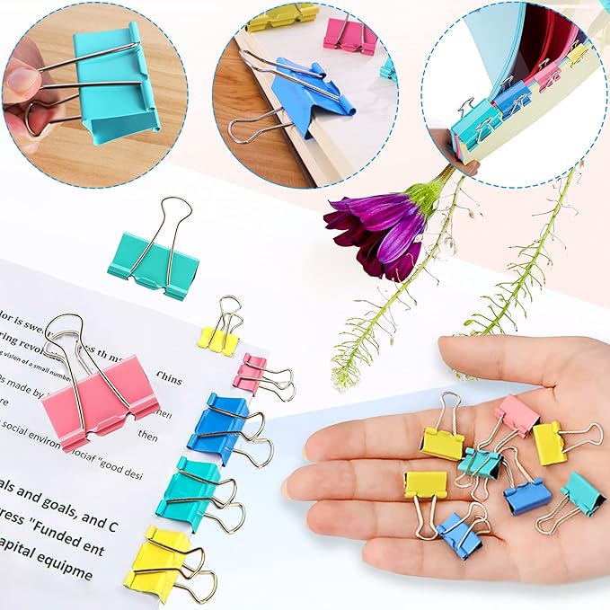 Paper Clips Binder Clips, Colored Office Clips Set - Back to School Supplies- Assorted Sizes Paperclips Paper Clamps Rubber Bands for Office and School Supplies, Document Organizing