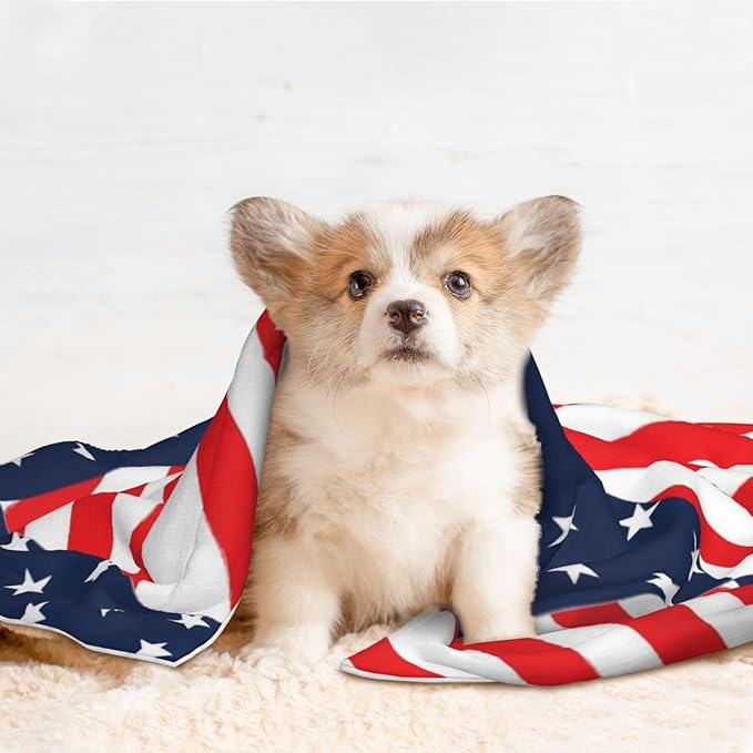 Reversible Pet Blanket for Sofa Protection Pet Comfort, American Flag Plaid Pattern, Double Sided Design with Cozy Nubby Nap Side and Durable Smooth Play Side