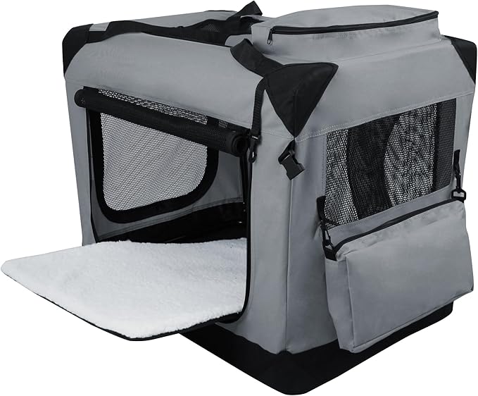 EliteField 3-Door Folding Soft Dog Crate with Carrying Bag and Fleece Bed (2 Year Warranty), Indoor & Outdoor Pet Home (42" L x 28" W x 32" H, Light Gray)