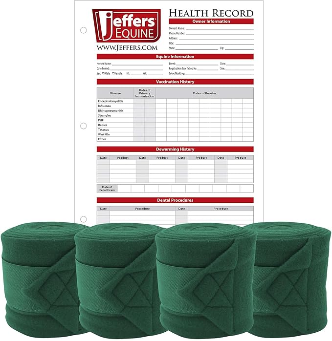 Jeffers Horse Fleece Polo Wraps 4 Pack and Equine Health Record 1 Pack Kit – Leg Wrap Accessories for Training Riding Turnout Stable, Hoof Care Tracker, Equestrian Horse Supplies - Hunter Green