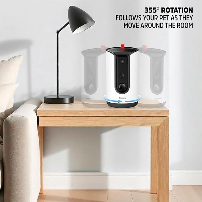 Energizer Smart Pet Treater with 2K Video Camera, 2-Way Audio, Night Vision, 5 Ghz & 2.4 Ghz Dual Band Wi-Fi, Motion Tracking, Recorded Messages, Dogs & Cats Remote Feeding, Cloud/MicroSD Card Storage