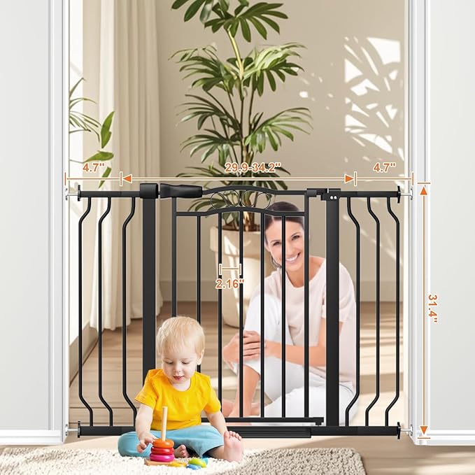 29.5-43.7" Wide Baby Gate for Stairs No Drilling, 30" Tall Metal Pet Baby Safety Gates with Expansion Kit, Press Mounted Pet Gate Indoor for Kids, Walk Through Dog Gates for Doorways, Black