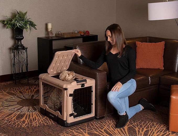 Pet Gear “The Other Door” 4 Door Steel Crate for Dogs/Cats with Garage-Style Door, Includes Plush Bed + Travel Bag, No Tools Required, New Tan, 27 Inch