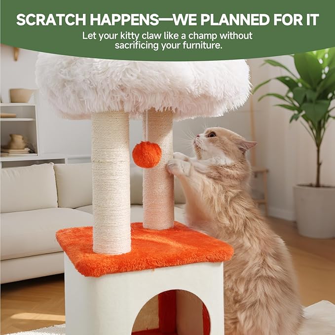37.4-inch Cat Tree, Cat Tree Tower with Twin Cat Condos for Indoor Cats, Plush Cat House with Padded Perch, Scratching Ladder and Posts and Plush Balls for Kitty Play, Orange