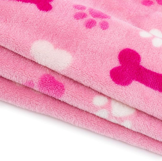 Allisandro Luxurious Dog Blanket, 350 GSM Super Fuzzy Microplush Fleece Pet Blankets for Small Medium Large Dogs and Cats, Pink Paw and Bone, 32" x 24"