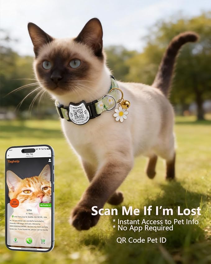 QR Code Cat Collar with Breakaway Safety Buckle, Adjustable Cotton Kitten Collar with Bell, Online Pet Profile Scan ID Tag for Lost Cats,Flower Pendant(Green)