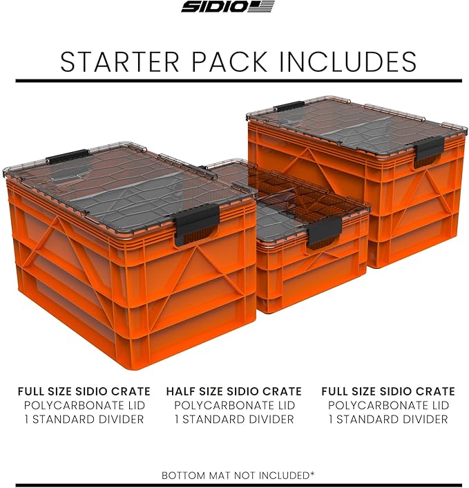 SIDIO CRATE Starter Pack - Two Full Size and One Half Size SidioCrate, Stackable Outdoor Organizer Storage Bins with Clear Lid and Dividers - Orange