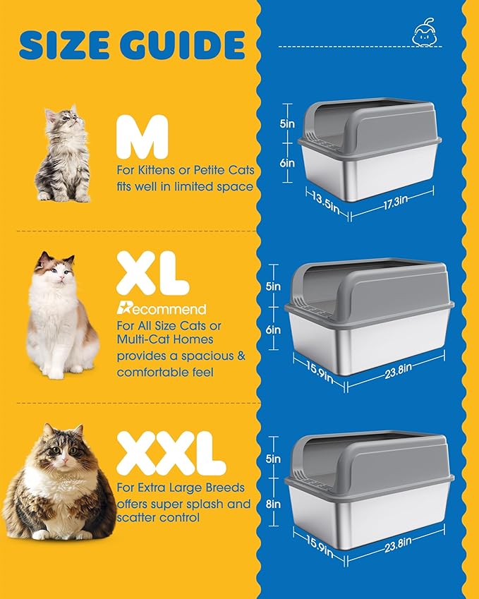 Stainless Steel Cat Litter Box, Metal Litter Box with Scoop, High- Sided, Anti-Leakage Top Entry, Non-Sticky, Easy to Clean, Grey, XL (2 Pack)