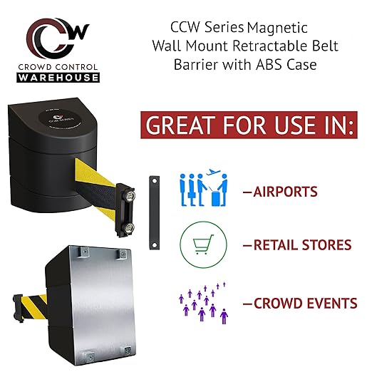 Crowd Control Warehouse - CCW Series WMB-220 Magnetic Wall Mount Retractable Belt Barrier - 15 Foot, Red and White Diagonal Belt with Black ABS Case