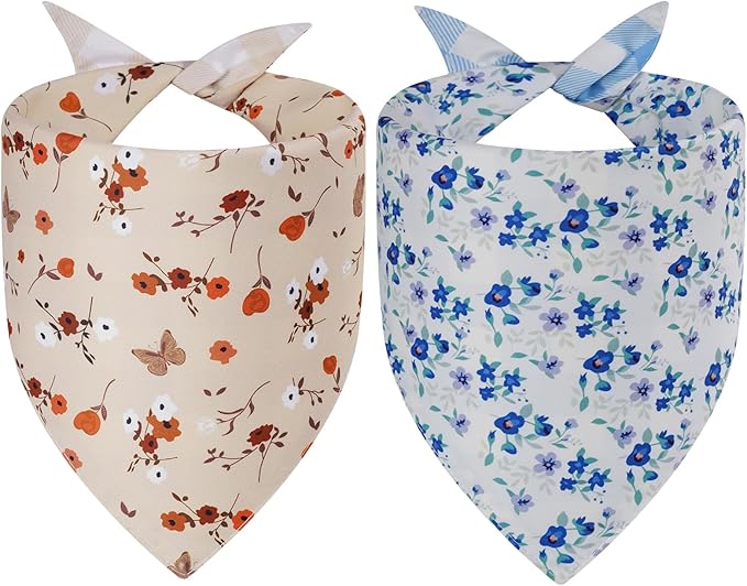 Spring Dog Bandanas XLarge 2PCS, 4 Pattern Summer Floral Scarf for Boy and Girl, Triangle Reversible Bibs Breed for Puppy Pets