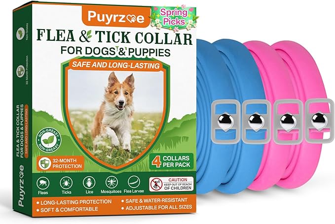 Flea and Tick Prevention for Dogs Collar 4 Pack, Natural Flea Collar for Dogs 32-Month Full Protection, Adjustable Dog Tick Prevention for Puppy & Dog, Waterproof, 2 Pink & 2 Blue
