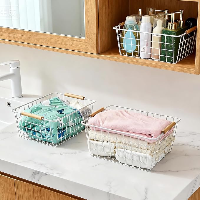 LeleCAT white wire baskets for organizing with Wooden Handles Storage Organizer Baskets, Household snack basket for Cabinets, Pantry, Closets, Bedrooms, pantry organizers and storage - Set of 2（White）