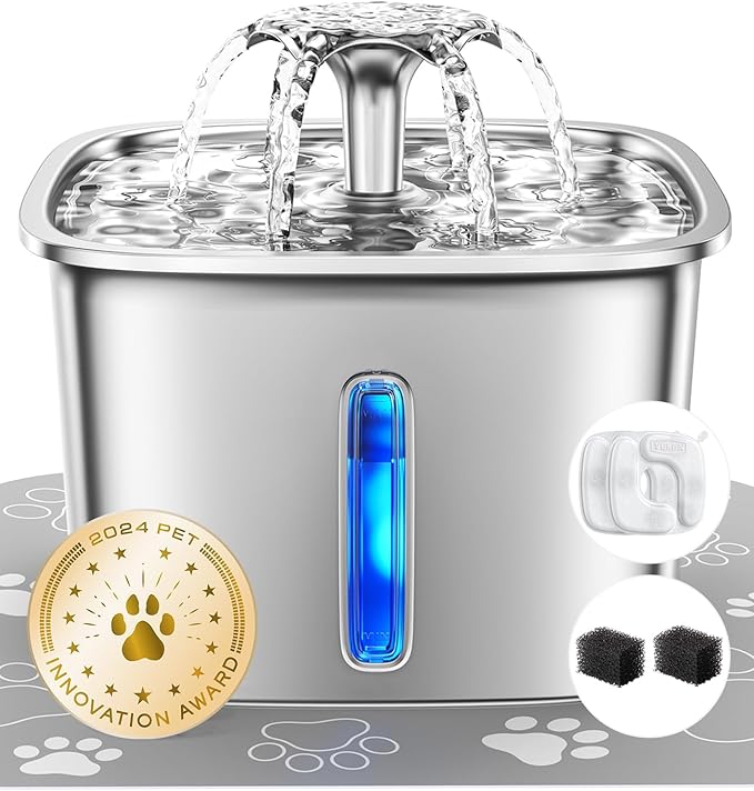 Veken Innovation Award Winner Stainless Steel Cat Water Fountain, 95oz/2.8L Automatic Pet Fountain Dog Water Dispenser with Replacement Filters & Silicone Mat, Gifts for Christmas, Cats, Dogs (Silver)