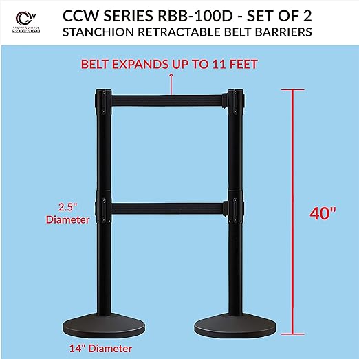 Crowd Control Warehouse CCW Series RBB-100D Set of 2 Stanchion Retractable Belt Barriers - Sloped Base, 11 Foot, Yellow Dual Belt with Black Post - Easy Assembly