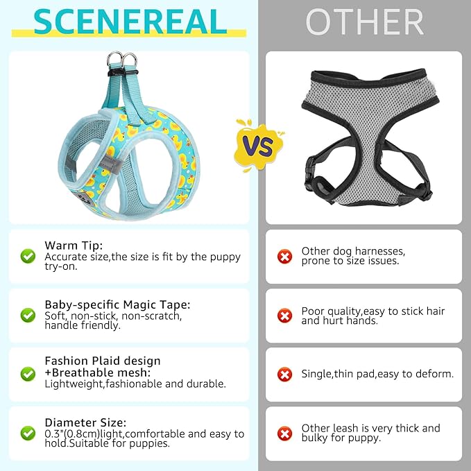 SCENEREAL Small Dog Harness and Leash Collar Set, Step in Soft Light Puppy Vest, Breathable Pet Harness for Small Sized Dogs, No Chock Reflective for Safe Outdoor Walking, Yellow Duck S